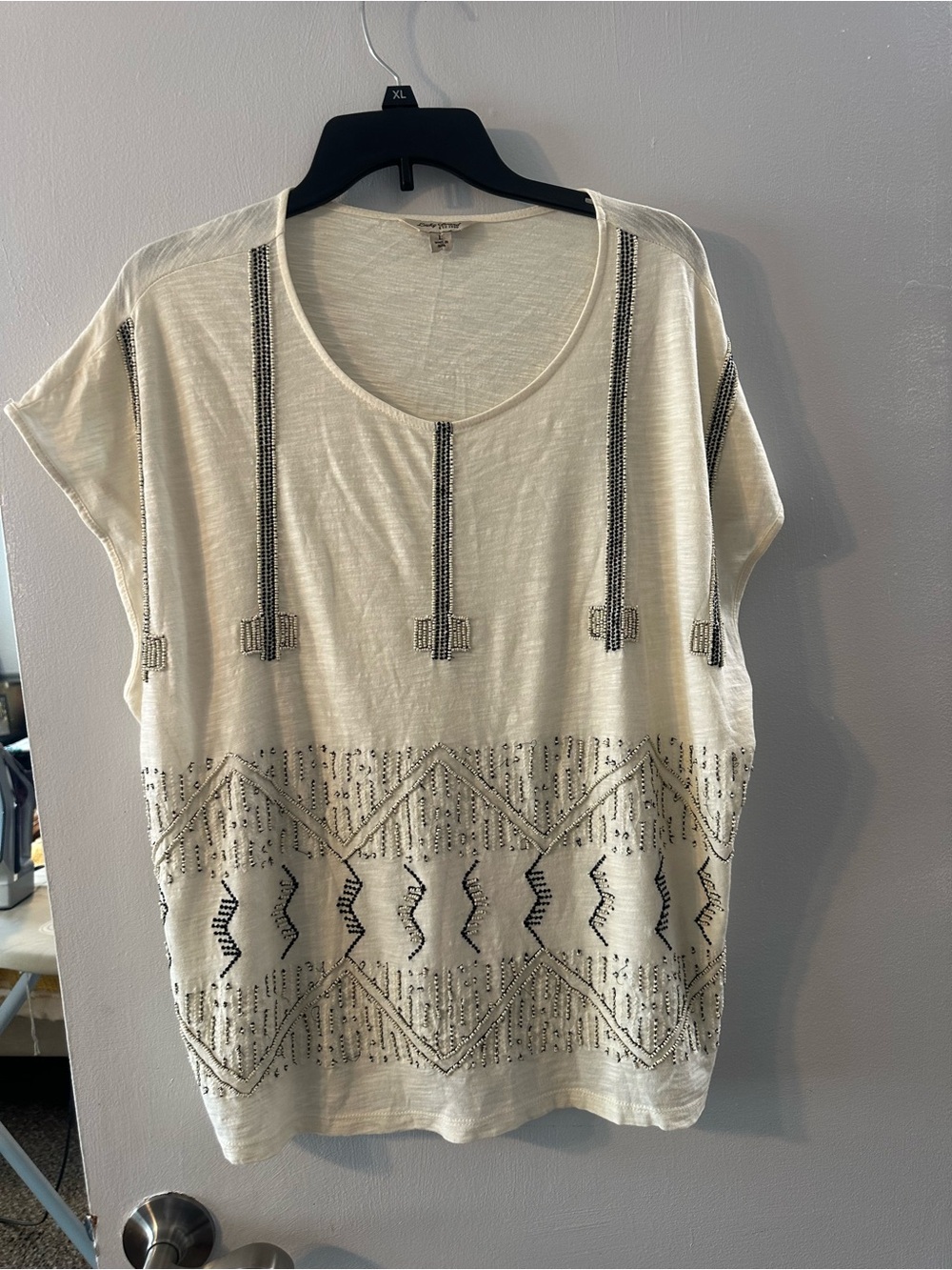 Lucky Brand Cream Short-Sleeve Embellished Tunic